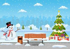 besneeuwd winter stad park met Kerstmis bomen, bank, sneeuwman en stad horizon. winter Kerstmis landschap voor banier, poster, web. vector illustratie in vlak stijl
