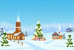 buitenwijk huis gedekt sneeuw. gebouw in vakantie ornament. Kerstmis landschap boom sparren. gelukkig nieuw jaar decoratie. vrolijk Kerstmis vakantie. nieuw jaar Kerstmis viering. vector illustratie