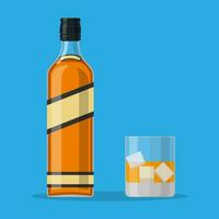 fles van bourbon whisky en glas met ijs. vector
