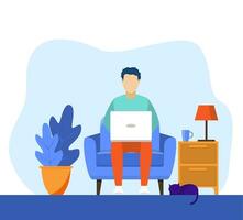 Mens met laptop zittend Aan de stoel. freelance of aan het studeren concept. web bladzijde ontwerp sjabloon voor online opleiding, opleiding en cursussen, aan het leren, video bijlessen. vector illustratie in vlak stijl