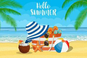 zomer accessoires voor de strand. tas, zonnebril, omdraaien flops, zeester, bal. tegen de achtergrond van de zon de zee en palm bomen. vector illustratie in vlak stijl