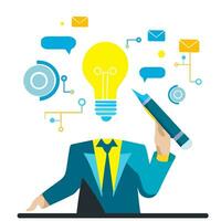 vlak ontwerp modern vector illustratie concept van bedrijf idee, creatief werkwijze, brainstormen, brainstormen. zakenman met pen en licht lamp.