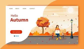 herfst stad park met bank. vrouw met laptop zittend Aan bank in herfst. freelance, afgelegen werk concept. website landen bladzijde sjabloon. vector illustratie in vlak stijl.