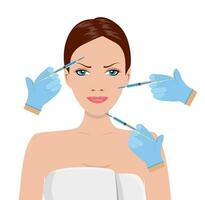 hyaluronzuur zuur gelaats injectie, vrouw verjongend mesotherapie. botox injecties. spa schoonheid en Gezondheid concept. vector illustratie in vlak stijl