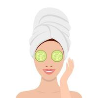 vrouw met masker van komkommer Aan haar ogen. spa schoonheid en Gezondheid concept. vector illustratie in vlak stijl