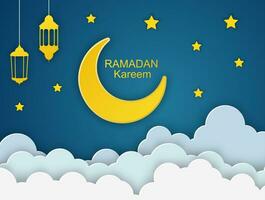 Ramadan kareem met goud maan, 3d papier besnoeiing wolken en sterren Aan nacht lucht achtergrond. vector illustratie. traditioneel lantaarns en plaats voor uw tekst.
