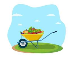 tuin kar met aubergine, tomaat, rode biet, courgette, peper, komkommer, wortel. biologisch boerderij producten. metaal kruiwagen vol van rijp groenten. vector illustratie in vlak stijl