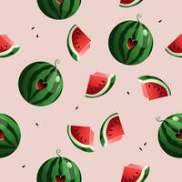 rood sappig ronde watermeloen met een hart en een watermeloen plak. naadloos vector patroon.