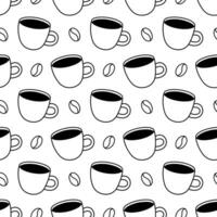 koffie kop en koffie bonen naadloos patroon. zwart tekening stijl. vector drinken achtergrond.