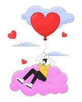 Kaukasisch Mens vliegend met ballon in wolken 2d lineair tekenfilm karakter. bewolkt hart vormig ballon Europese mannetje geïsoleerd lijn vector persoon wit achtergrond. dromerig kleur vlak plek illustratie