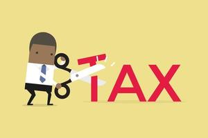 Afrikaanse zakenman met een schaar die grote t-brief vectorillustratie snijdt. belasting bedrijfsconcept verminderen. vector