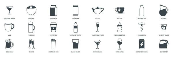 drinken icoon set, inbegrepen pictogrammen net zo bier mok, map, thee pot, melk fles en meer symbolen verzameling, logo geïsoleerd vector illustratie