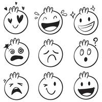 handgetekende inkt emoji's gezichten. doodle emoticons schets, inkt borstel iconen van blij verdrietig gezicht. tekenfilmkunst vector