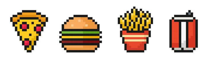 snel voedsel pixel reeks van pictogrammen, vintage, 8 beetje, jaren 80, 90s spellen, computer speelhal spel artikelen, pizza, hamburger, Frans Patat, Frisdrank, vector illustratie