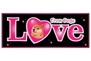 doge munt crypto valuta label met roze liefde hartsymbool vector