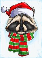 grappige kerst wasbeer kop met kerstman hoed en sjaal, xmas grijze en beige wasbeer vector