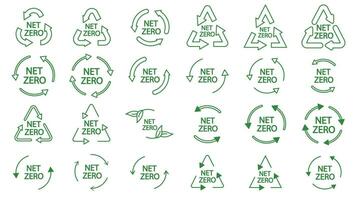 icoon verzameling met nul emissie symbool concept. kas gas- koolstof credit ontwerp set. recycle beschermen ecologisch groen vector. koolstof netto nul neutrale natuurlijk. hernieuwbaar koolstof voetafdruk kunst vector