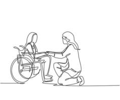 een lijntekening van een jonge arts die de oude patiënt met rolstoel in het ziekenhuis bezoekt en de hand schudt. gezondheidszorg dienstverleningsconcept. doorlopende lijntekening vectorillustratie vector