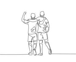 doorlopende lijntekening van twee voetballers die een bal brengen en samen lopen om sportiviteit te tonen. respect in voetbal sport concept. een lijntekening vectorillustratie vector