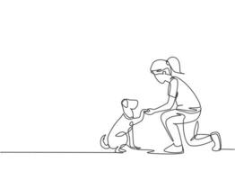een lijntekening van een jong gelukkig meisje dat haar schattige hond de hand schudt. vriendschap over mens en huisdier concept. trendy doorlopende lijntekening grafische vectorillustratie vector