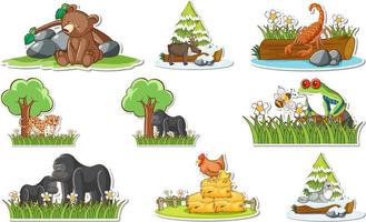 stickerset met verschillende wilde dieren en natuurelementen vector