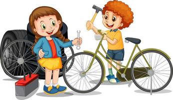 kinderen repareren fiets samen op witte achtergrond vector