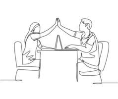 een lijntekening van twee jonge gelukkige paar man en vrouw werken in café en geven high five gebaar om succesvol te vieren. zakelijke deal concept doorlopende lijn tekenen ontwerp vectorillustratie vector