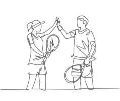 een lijntekening van jonge leuke paar mannelijke en vrouwelijke tennissen samen op de grasbaan en het geven van high five gebaar. relatie concept doorlopende lijn tekenen grafisch ontwerp vectorillustratie vector