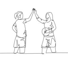 een lijntekening van jonge gelukkige vrouwen die een high five-gebaar geven voordat ze basketbal spelen op het veld. sport spelconcept doorlopende lijn tekenen grafisch ontwerp vectorillustratie vector