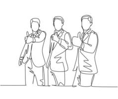 enkele lijntekening van jonge gelukkige zakenlieden die een pak dragen en duimen omhoog gebaar geven. bedrijfseigenaar die een groepswerkconcept behandelt. trendy ononderbroken lijntekening ontwerp grafische vectorillustratie vector