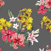 naadloze patroon bloemen met roze hibiscus, frangipani, orchidee en lily bloemen abstract background.vector illustratie aquarel hand drawing. vector