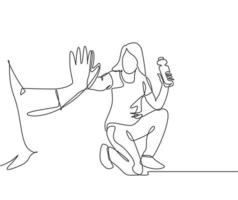 enkele lijntekening van jonge gelukkige vrouw die rust neemt na wat oefening en high five geeft aan haar vriend in outfield park. vriendschap concept doorlopende lijn tekenen ontwerp vectorillustratie vector