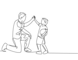 een lijntekening van een jonge gelukkige vader die zijn lichaam buigt om zijn jongen een high five-gebaar te geven en een high five-gebaar te geven. ouderschap gezinszorg concept. doorlopende lijn tekenen ontwerp vectorillustratie