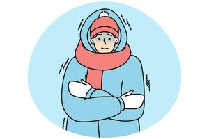 jong Mens in bovenkleding gevoel verkoudheid en bevriezing buitenshuis. ongelukkig bevroren vent in jasje lijden gedurende verkoudheid dagen in winter. vector illustratie.