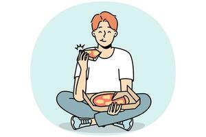 glimlachen jong Mens aan het eten heerlijk pizza. gelukkig vent genieten smakelijk Italiaans voedsel zittend Aan vloer. voeding en meenemen levering. vector illustratie.