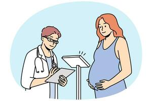 dokter controle zwanger vrouw in ziekenhuis. mannetje gp wegen vrouw met zwangerschap Bij afspraak in kliniek. gezondheidszorg en geneesmiddel. vector illustratie.
