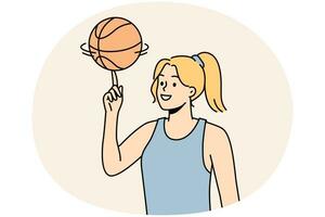 glimlachen jong vrouw atleet spinnen bal Aan vinger. gelukkig meisje basketbal speler Speel met bal. sport en spel werkzaamheid. vector illustratie.