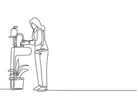 doorlopende lijntekening een vrouw wast haar handen in de gootsteen, er staat een zeepbakje bij de kraan en er staat een pot met planten onder de gootsteen. enkele lijn tekenen ontwerp vector grafische afbeelding.