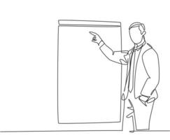 enkele doorlopende lijntekening van een jonge bedrijfscoach die met de vinger naar het schermbord wijst tijdens het coachen voor de klas. business coaching concept een lijn tekenen ontwerp vector grafische afbeelding