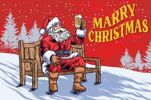 illustratie van de kerstman claus genieten van een bier in de sneeuw vector