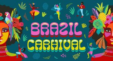 banier met portret van vrouw en mensen in Brazilië carnaval kleding. vector abstract illustratie. ontwerp voor carnaval concept en andere gebruik