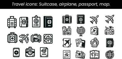 reizen pictogrammen, koffer, vliegtuig, paspoort, kaart, pictogrammen set, zwart en wit, wit achtergrond, vector Look, lijn pictogrammen