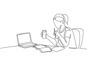 een enkele lijntekening van een jonge serieuze vrouwelijke werknemer die peinzend op haar werkstoel zit terwijl ze naar de computer staart. denken ideeën op het werk concept doorlopende lijn tekenen ontwerp vectorillustratie
