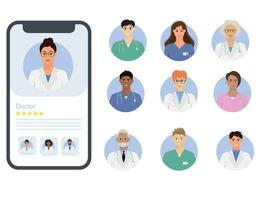 mobiel medisch app met artsen Aan de smartphone scherm. verschillend medisch personeel avatar vector