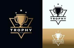 goud trofee met gemakkelijk driehoek etiket ontwerp met donker, goud en wit achtergrond vector