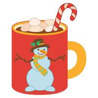 schattig vakantie mok met sneeuwman. heet chocola met marshmallows en lolly. vector