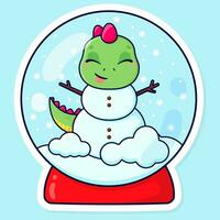 schattig tekenfilm dinosaurus sneeuwman. sneeuw wereldbol. Kerstmis sticker. kinderen vector illustratie