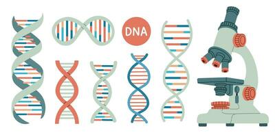 reeks van dna en microscoop. leven gen model- bio code genetica molecuul medisch symbolen. structuur molecuul, chromosoom. pictogram van dna vector, genetisch teken, elementen verzameling. vector illustratie