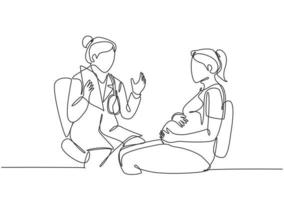 één enkele lijntekening van vrouwelijke verloskunde en gynaecologie arts die consultatiesessie geeft aan de zwangere patiënt. zwangerschap gezondheidszorg concept continu lijn tekenen ontwerp vectorillustratie vector