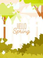 Hallo voorjaar kaart met een mooi tuin - bomen, struiken, vlinders en schutting. hand- getrokken vector illustratie in vlak tekenfilm stijl. perfect voor groet ansichtkaart, poster, banier, behang enz.